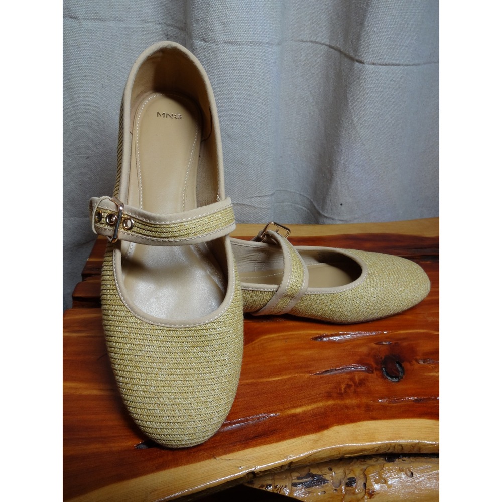 Mango Woven Mary Jane Flats Women 11 Beige Straw Buckle Strap Boho Summer 3376